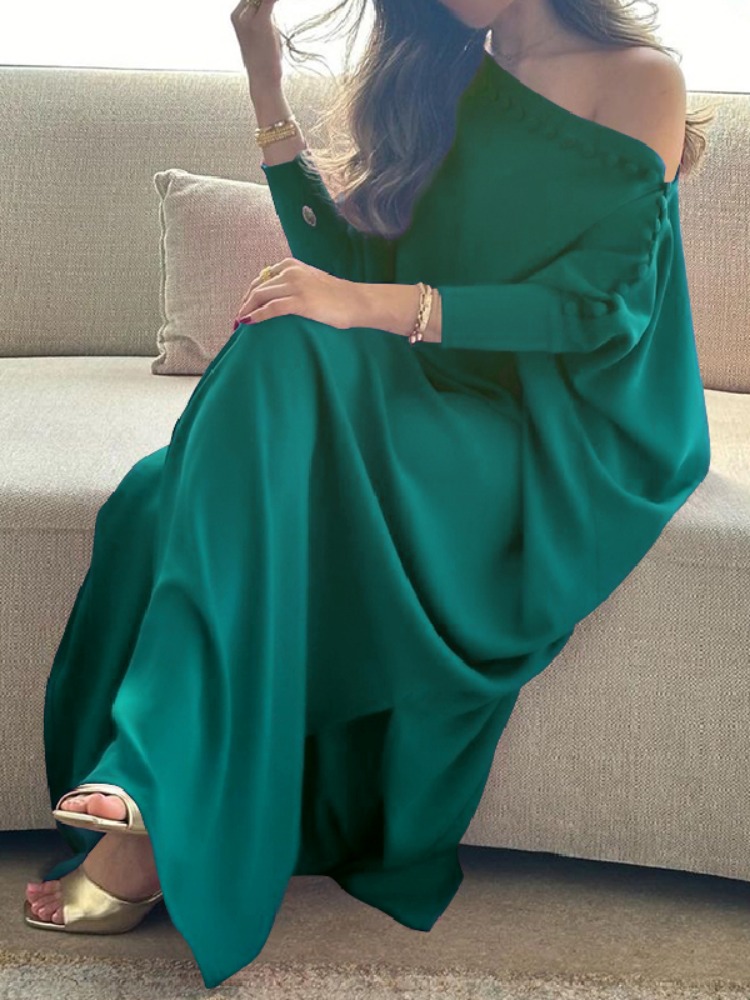Robe Abaya Musulmane Femme 2026 – 5 Couleurs, Coupe Ample H-Line, Épaule Unique, Manches Chauve-Souris, Fente, Robe Longue Maxi Islamique Modeste