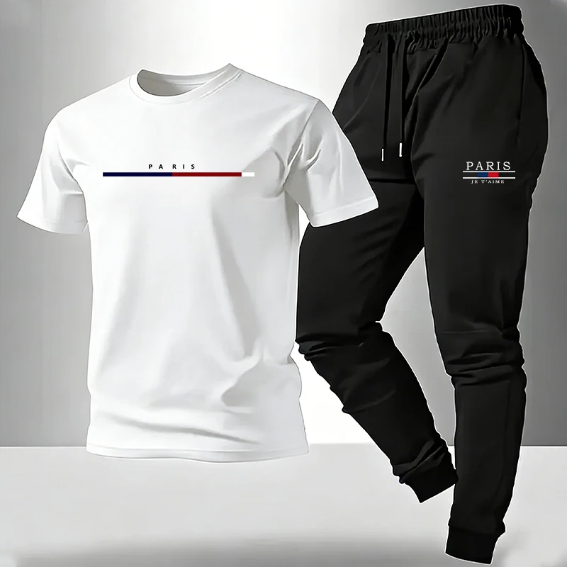 Ensemble homme T-shirt et pantalon de survêtement imprimé Paris, tenue décontractée d'été à manches courtes pour la maison et l'extérieur, tailles S-3XL