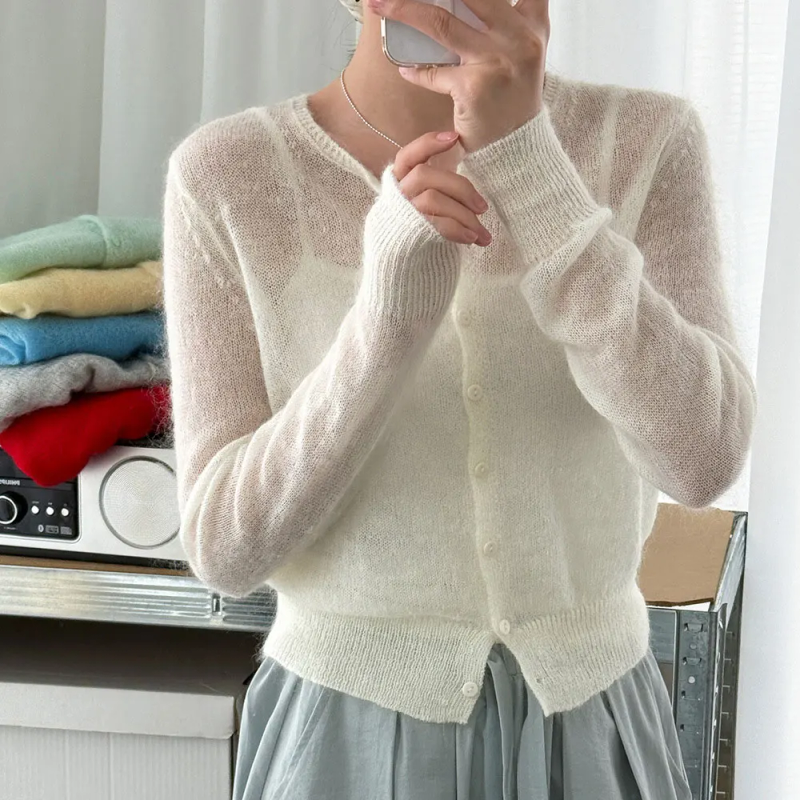 Pull en laine et mohair pour femme 2026 – Cardigan fin tricoté ajouré – Hauts doux pour femme
