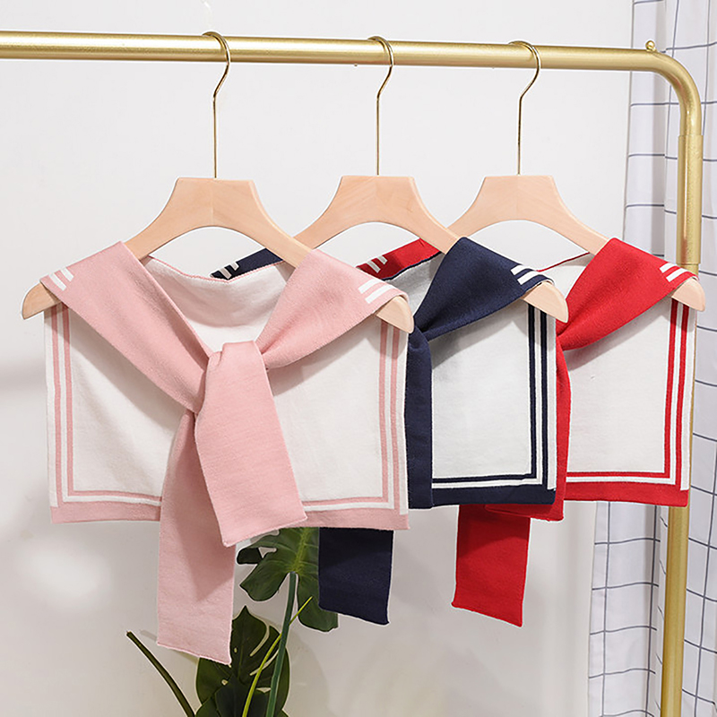 Nouvelle écharpe châle en laine tricotée à rayures marine style universitaire coréen, avec nœud, chaude, pour femme, protection du cou en climatisé, idéale pour l'été