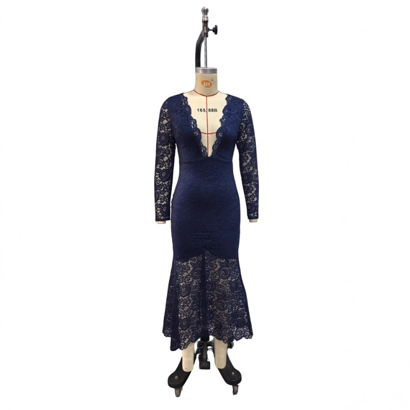 Robe longue en dentelle unie pour femmes, col en V, manches longues, coupe ajustée, robe de soirée moulante.