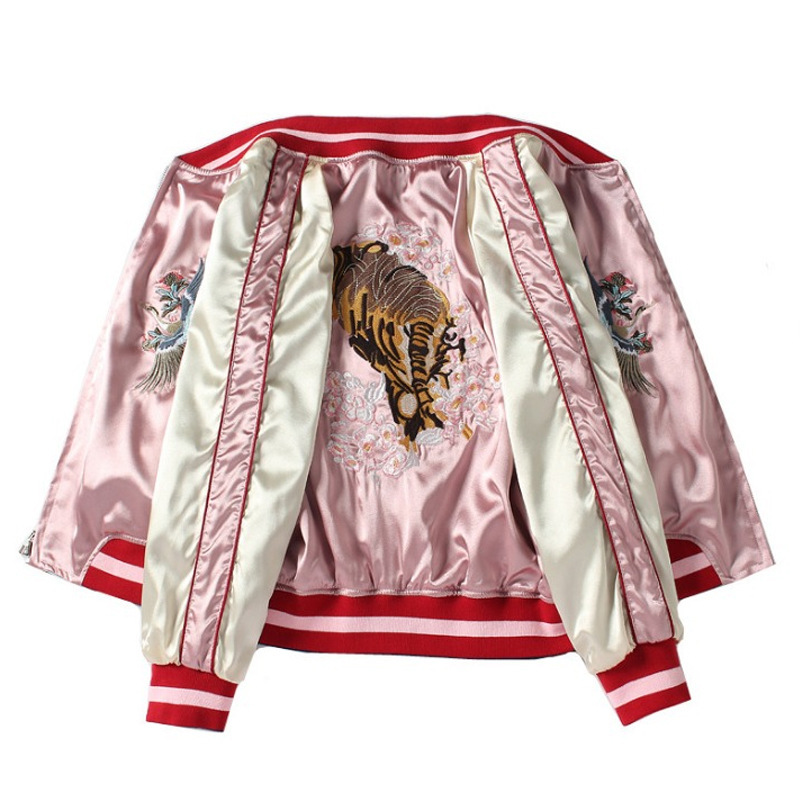Veste de Baseball en Satin Double face pour femmes, blouson bombardier Sukajan, manteau brodé pour filles, printemps automne 2025, rose