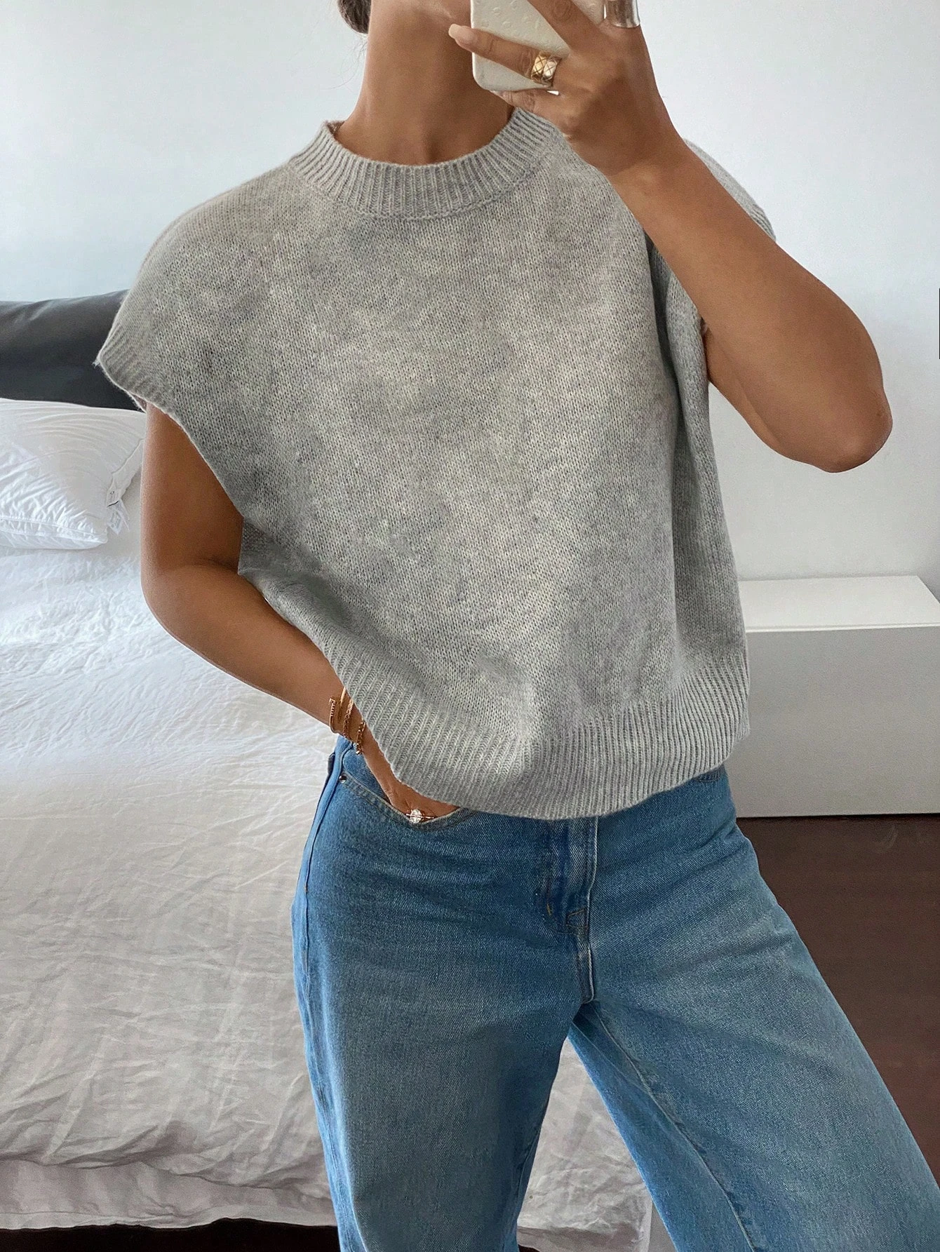 Pull en tricot à manches courtes pour femmes, élégant, décontracté, col rond, épaules droites, confortables, gilet, printemps/automne