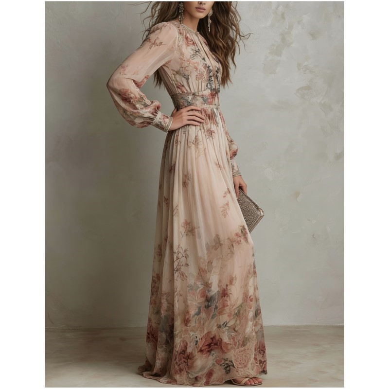 Robe bohème élégante à imprimé floral, taille haute, pour femmes, col rond, ourlet ample, manches longues, robe de vacances, vestidos.