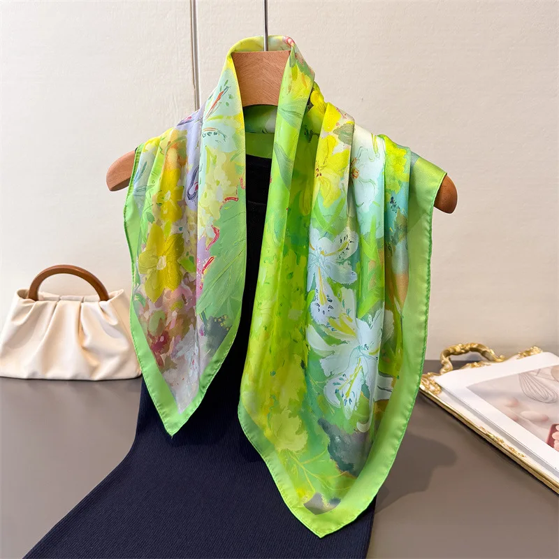 Foulard carré imprimé pour femme, imitation soie, bandanas, hijab floral de luxe, écharpe élégante, châle de plage