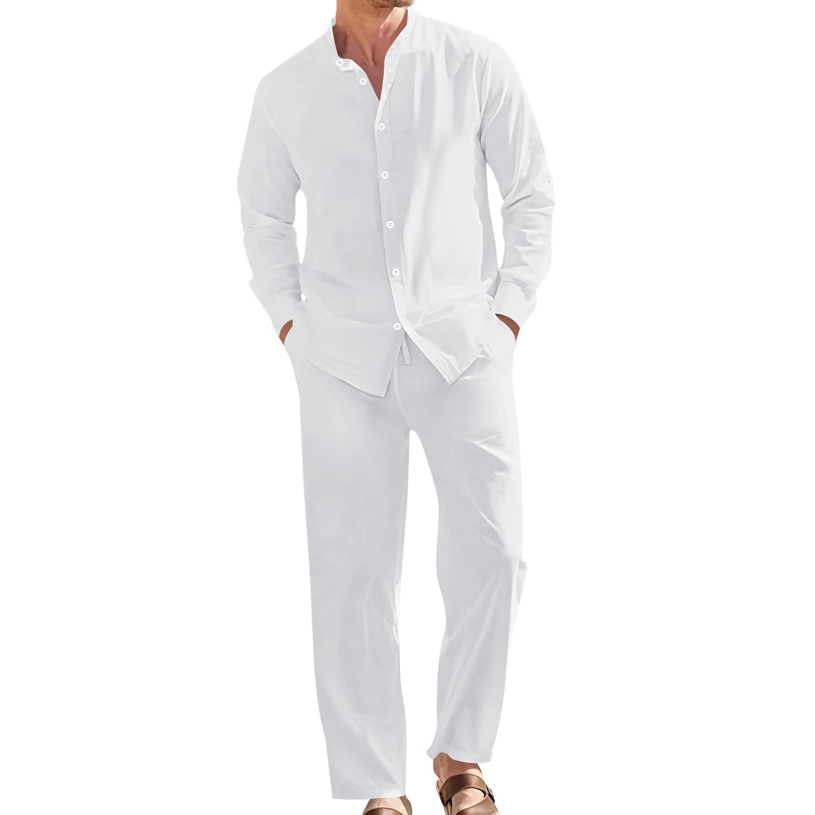 Ensemble décontracté en lin pour homme, chemise à col montant + pantalon ample