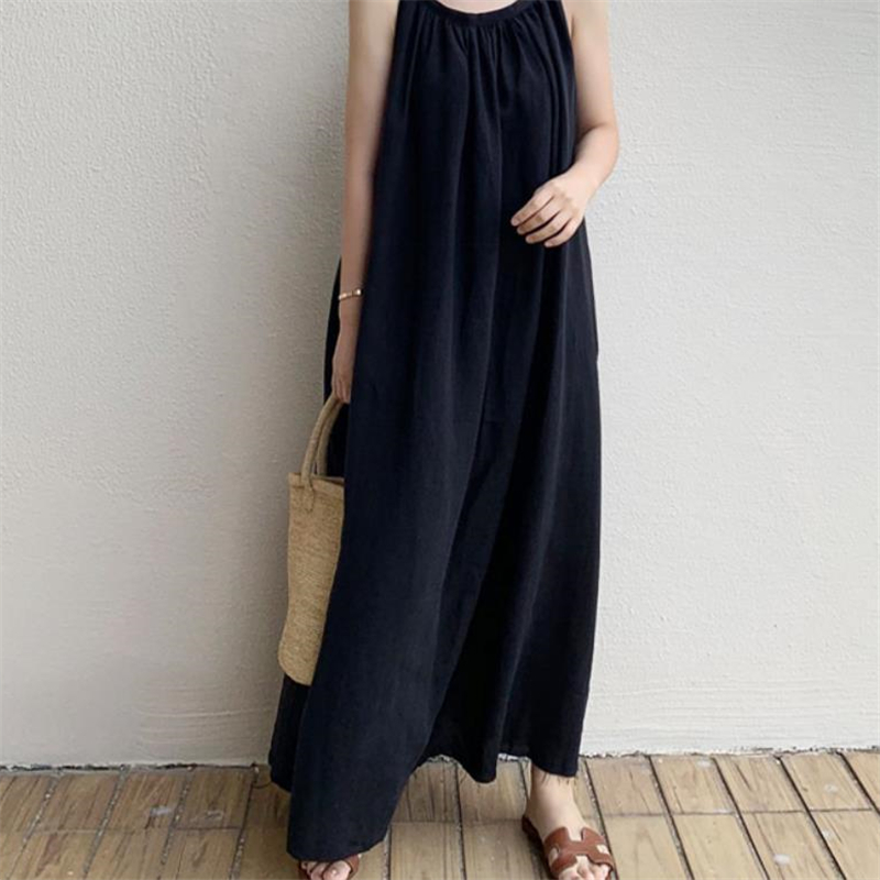 REALEFT-Robe Longue en Coton et Lin Précieux pour Femme, Vintage, Col Rond, Sans Bretelles, Nouvelle Collection Été 2024