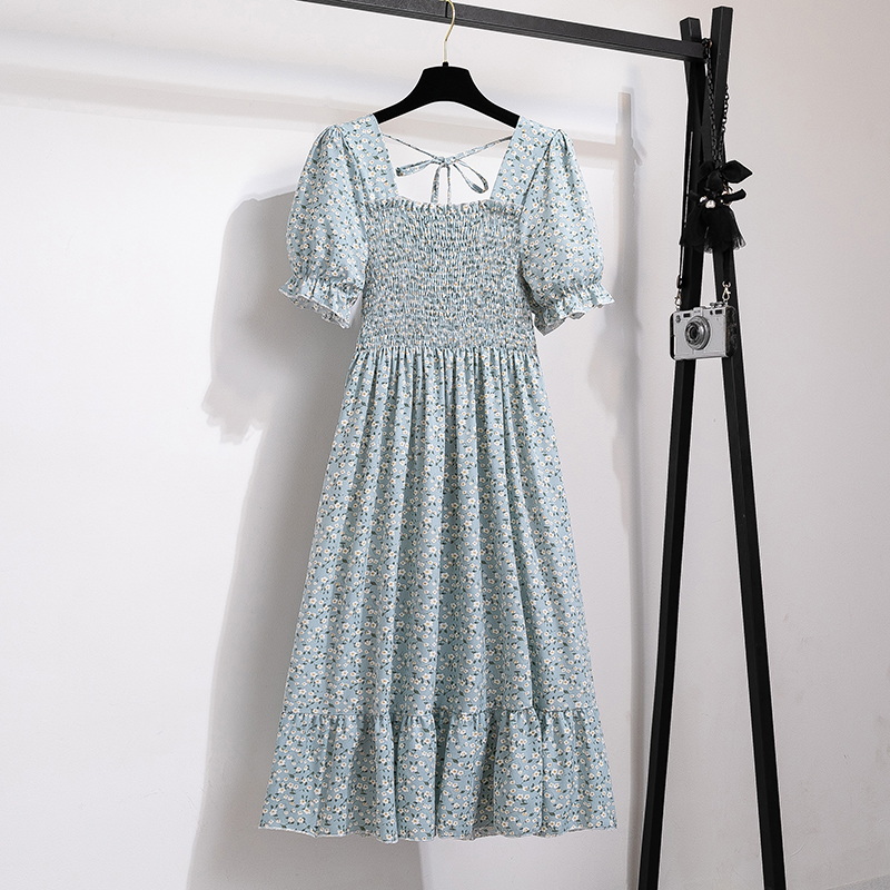 Robe d'été plissée en mousseline de soie pour femmes, tenue décontractée, plage, vacances, manches courtes, col carré, mi-longue, style bohème