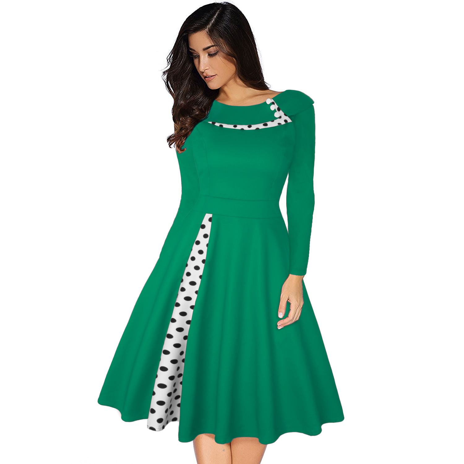 Robe Vintage pour femmes Rockabilly à pois imprimé Sexy Patchwork à manches longues taille haute balançoire décontracté fête Midi robes Robe