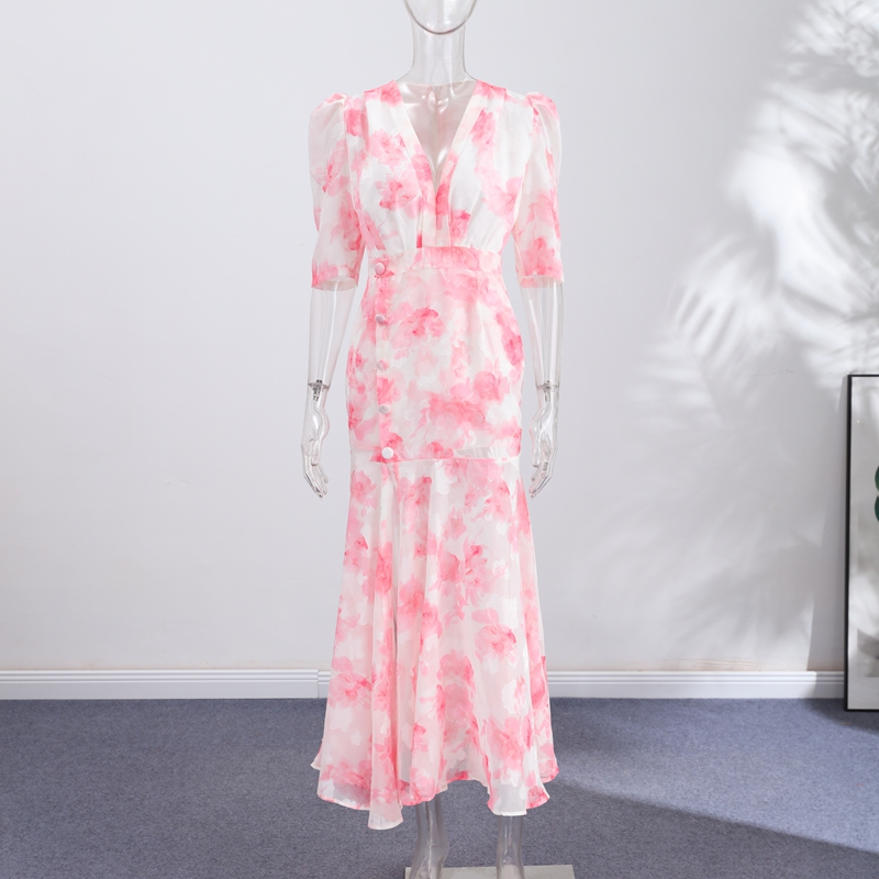 Robe longue florale pour femme, col en V profond, manches bouffantes, taille ajustée, boutons diagonaux, élégante, style été 2026