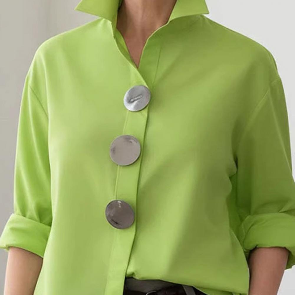 Chemisier d'été pour femme à col revers, manches longues, coupe ample, boutons métalliques, couleur unie, pour le travail, les fêtes et les tenues décontractées