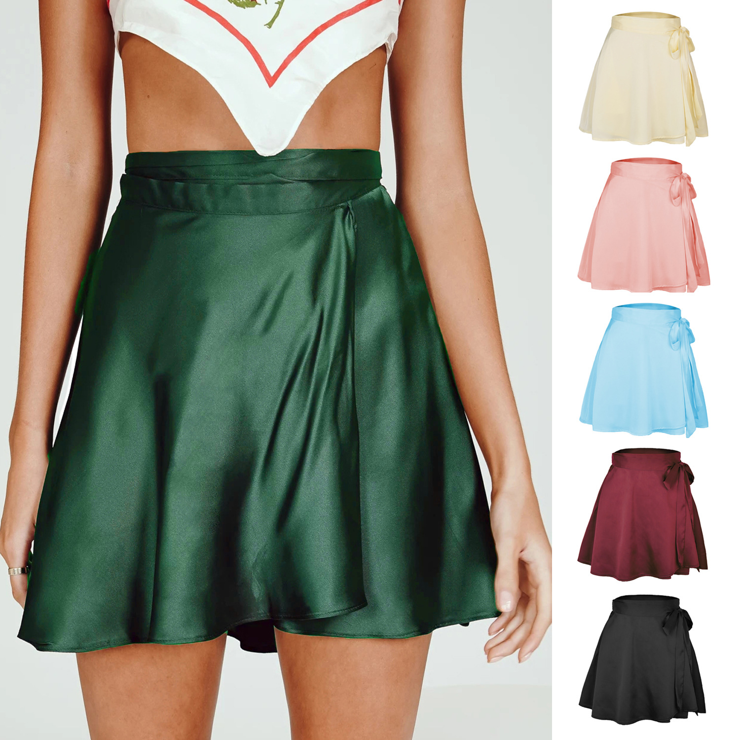 Jupe d'été en mousseline de soie pour femmes, avec ceinture, Surface en Satin, une pièce, couleur Pure, taille haute, mode, élégante, WSL4611, 2024