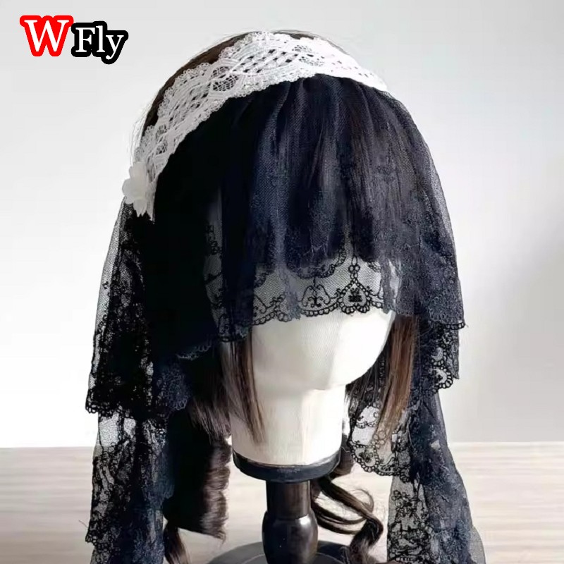 Serre-tête Steampunk Y2K style voile pour femmes, Harajuku, à volants, en dentelle florale, avec nœud, style nonne, Lolita gothique, accessoires pour cheveux.