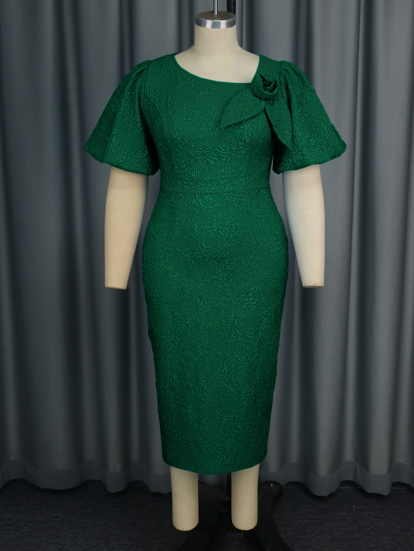 Robe élégante pour femmes, col rond, manches courtes bouffantes, fleur 3D, luxe, moulante, Slim, fendue, Jacquard, soirée, mariage, bal, église