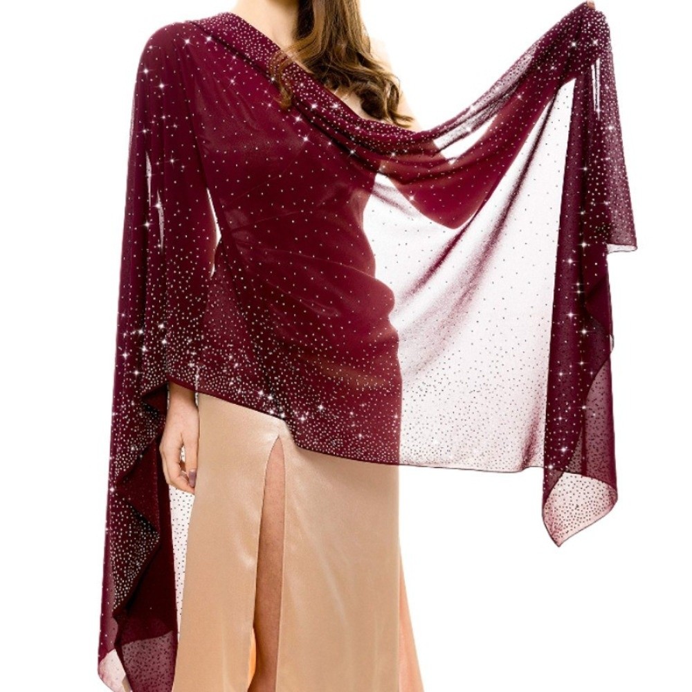 Châle en mousseline de soie pour femme avec strass, couleur unie, respirant, scintillant, transparent, doux et fin, idéal pour les soirées