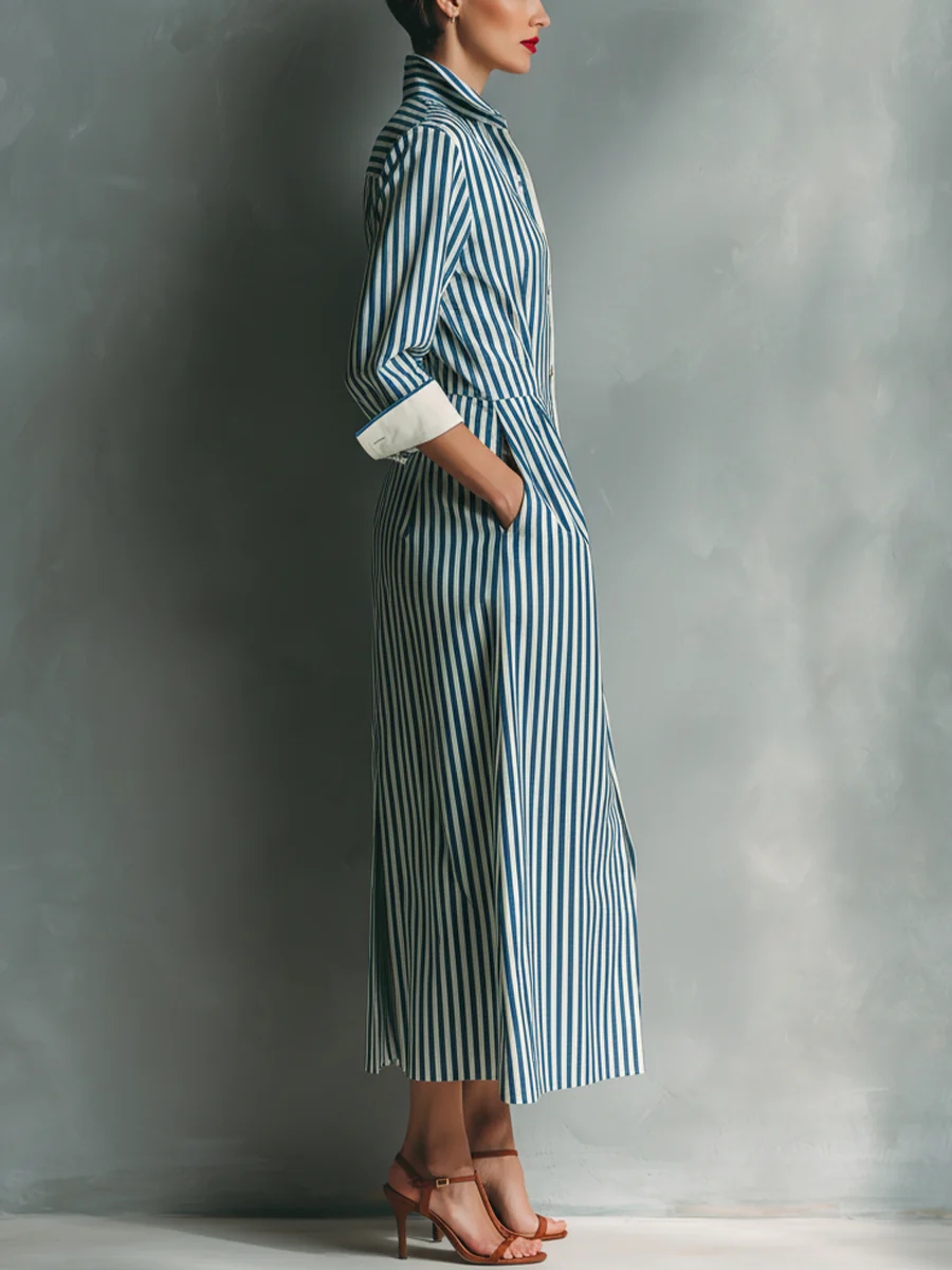 Robe chemise élégante à rayures pour femme, col rabattu décontracté, blocs de couleur, poches, longue, nouvelle tendance, gracieuse