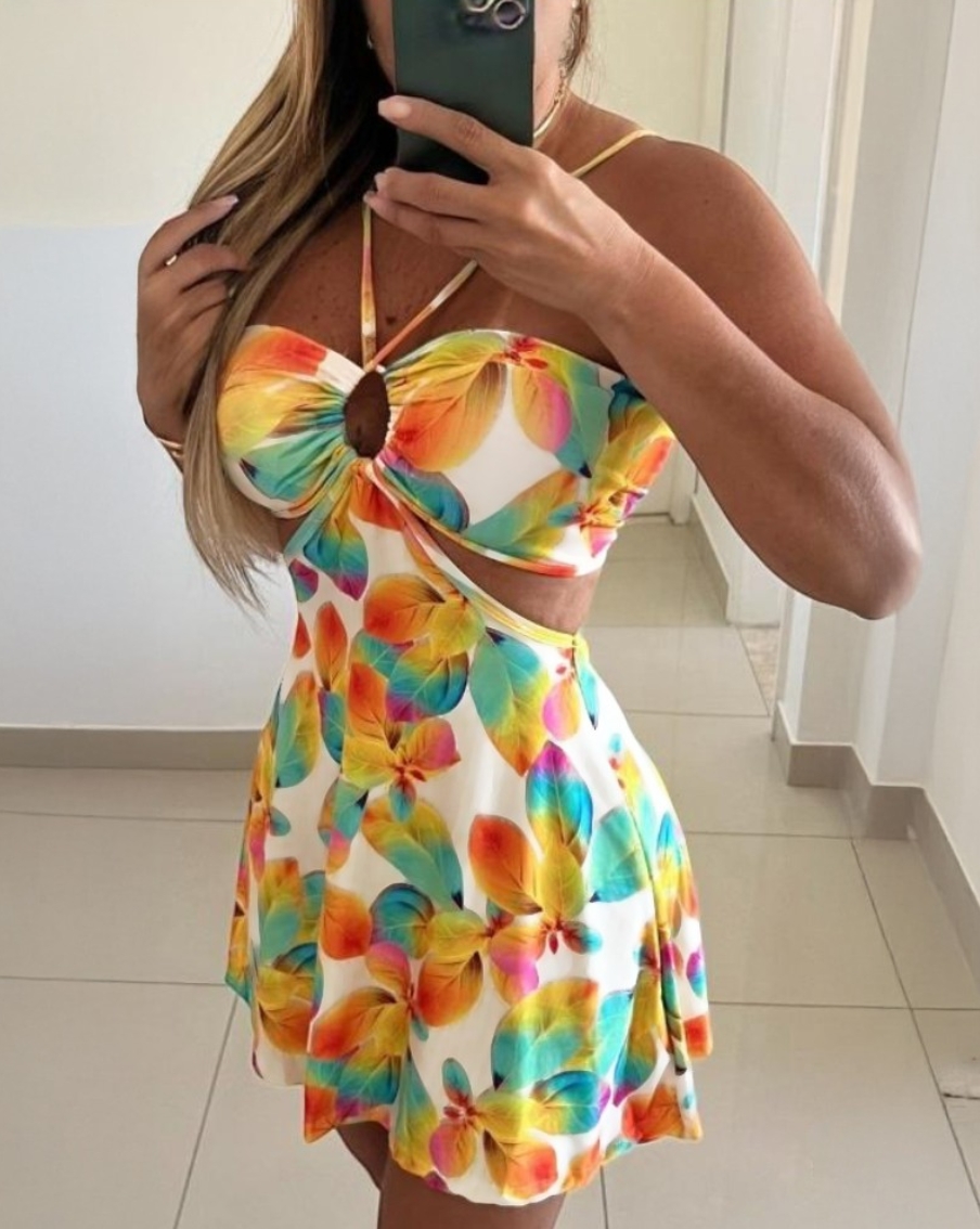 Robe courte à imprimé floral, col halter, découpes, pour la plage ou les vacances