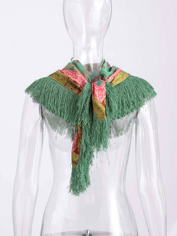 Écharpe carrée vintage imprimée à franges et patchwork pour femme, vert, mode décontractée, style urbain, collection printemps 2026