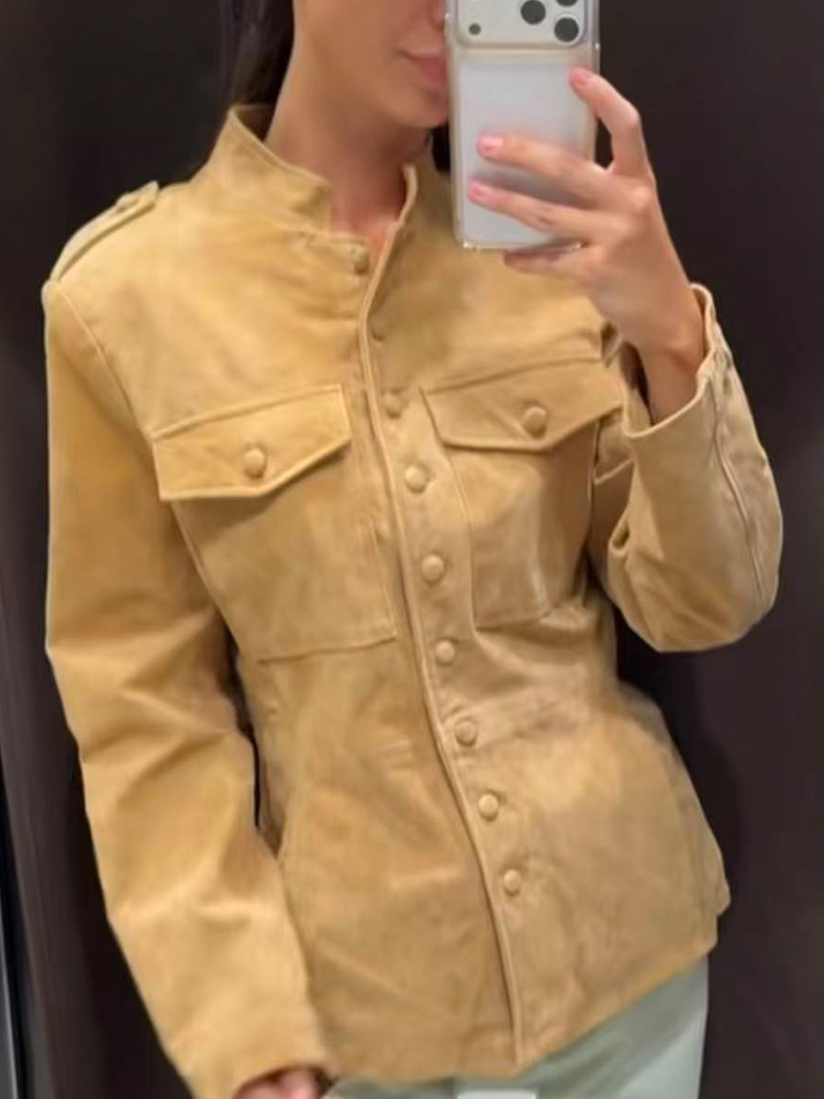 Veste Tendance Femme Printemps Automne 2026 Classique Vintage en Daim Col Montant Simple Boutonnage Décontractée Polyvalente Courte Style Urbain
