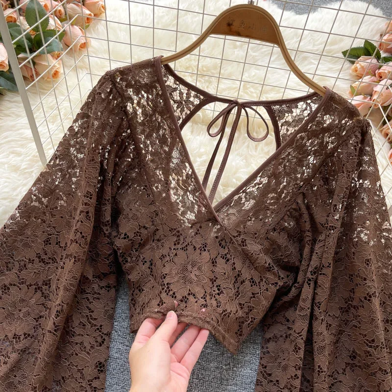 Frenchic-Chemisier en dentelle au crochet pour femme, col en Y transparent, manches lanterne, dos nu, à lacets, chemisier élégant pour femme, livraison directe, sexy