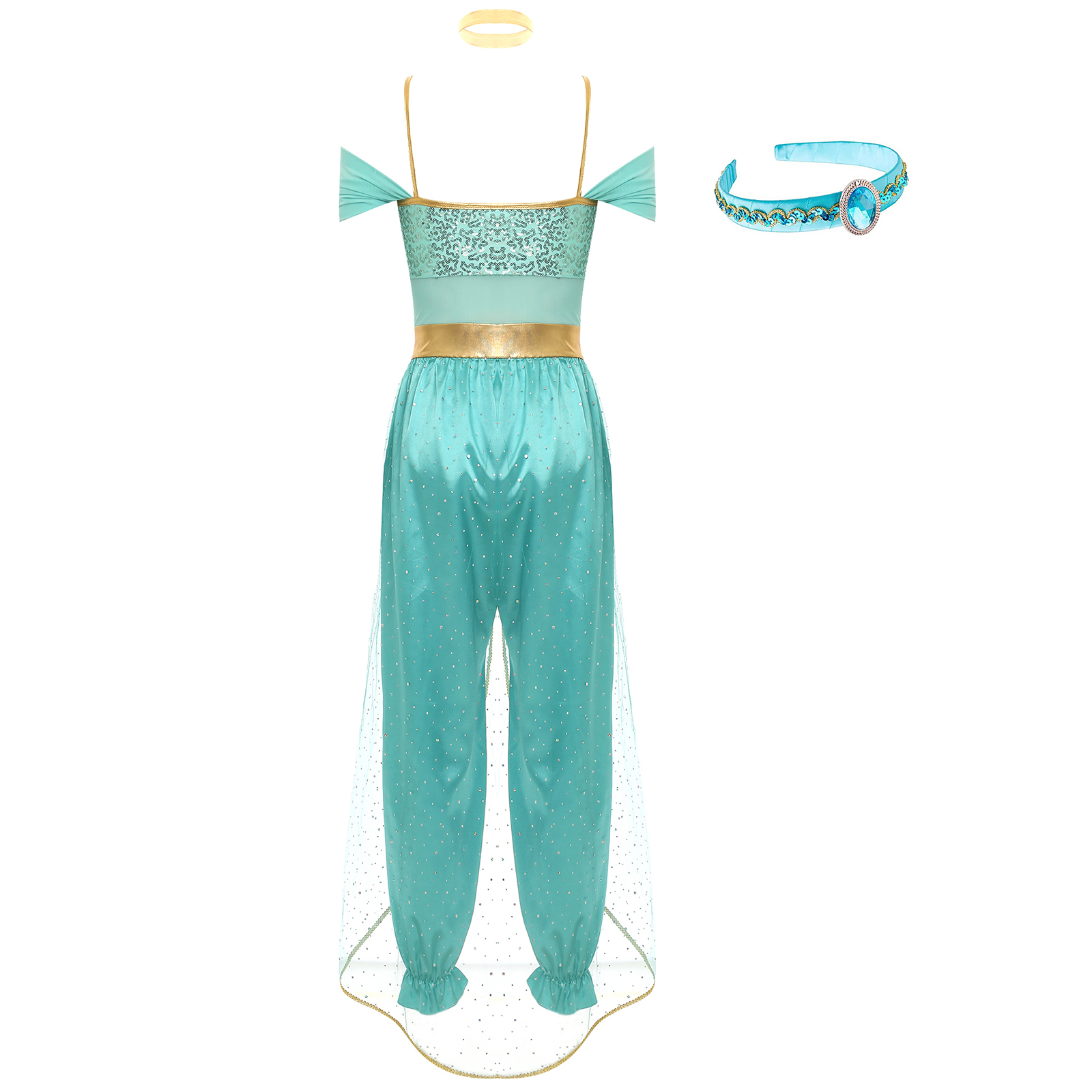 Costume de danse du ventre pour femme, tenue de princesse arabe, bandeau orné de pierres, combinaison à sequins, collier ras du cou métallique brillant, déguisement