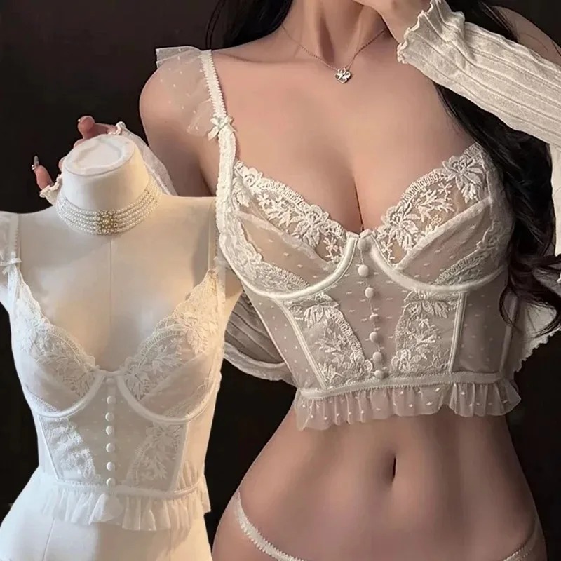 Soutien-gorge bralette dos nu en dentelle avec bonnets froncés, style français, transparent, moulant, avec baleines, style Lolita, pour l'extérieur