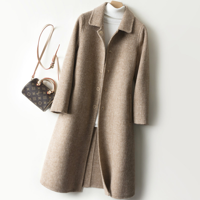 Manteau Long en laine à simple boutonnage pour femme, veste d'hiver en laine, élégant, col rabattu, à carreaux, chaud, nouveauté