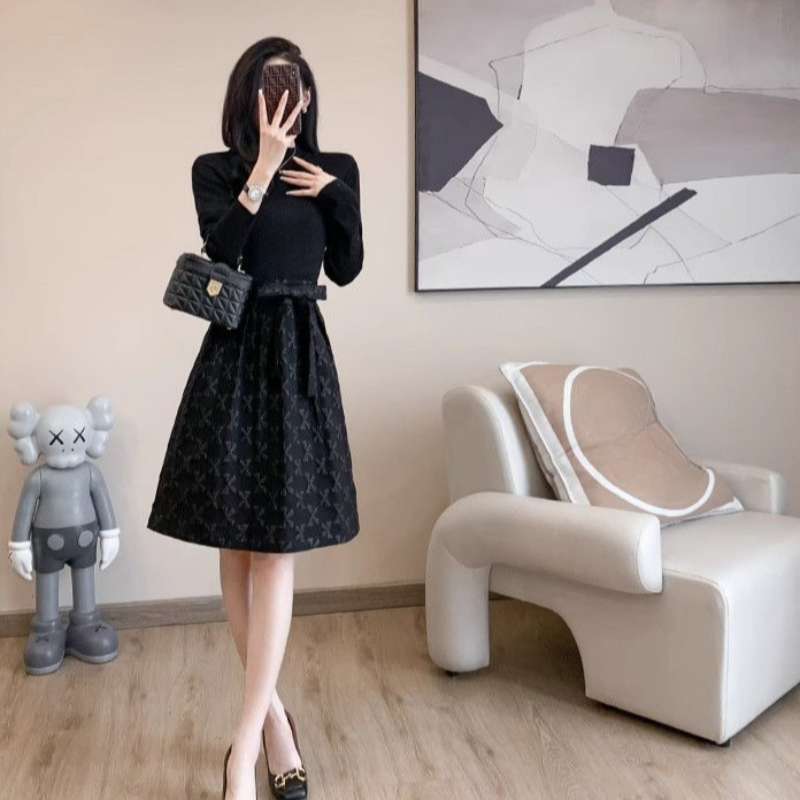 Robes noires à manches longues pour femmes avec nœud d'anniversaire, vêtements vintage pour femmes, vêtements chauds, mode coréenne, luxe de haute qualité