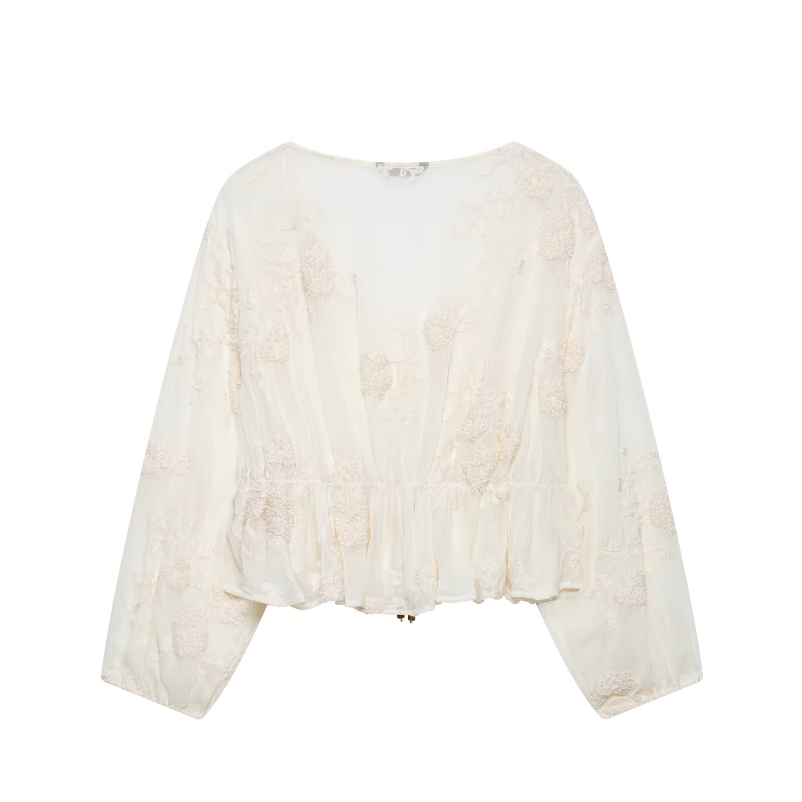 Chemisier d'été transparent pour femme, coupe ample, brodé, col en V, manches longues, avec ceinture à nouer, respirant, décontracté