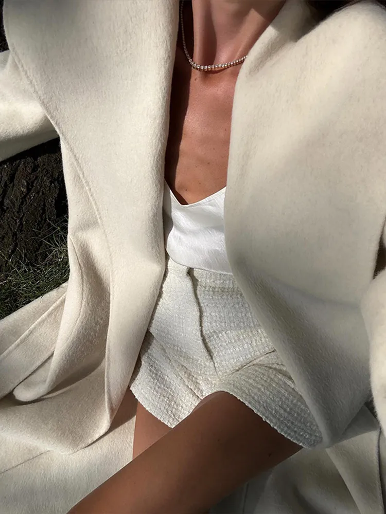 Manteau Long surdimensionné en laine pour femme, élégant, couleur unie, col châle, point ouvert, à lacets, automne-hiver, vêtements d'extérieur décontractés, 2025
