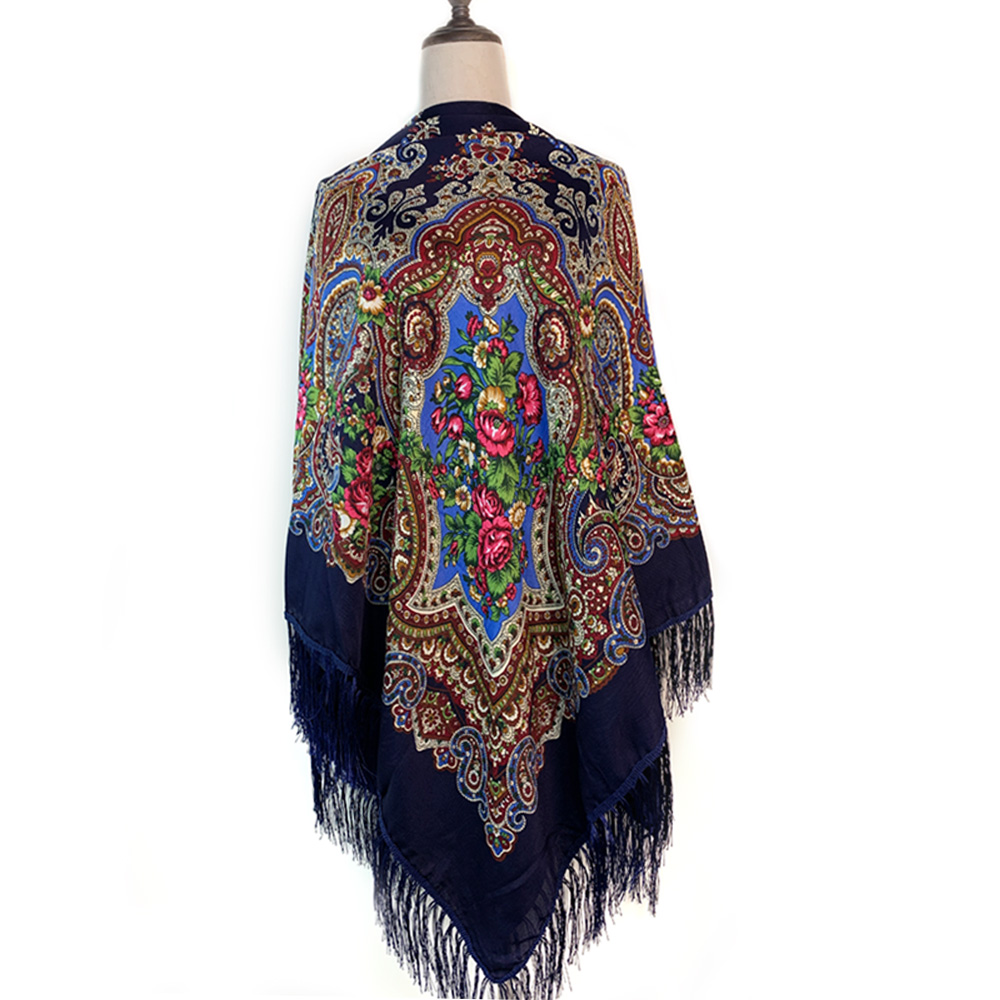 Foulard Carré de Luxe à Imprimé Floral pour Femme, Style Russe, Châle Traditionnel à Franges, Bandana, 160x160cm