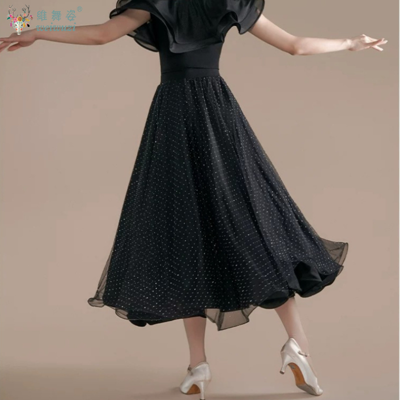 Jupes de danse de salon élégantes pour femmes, noires, à grande ampleur, costumes de danse professionnels modernes, vêtements de valse standard nationale