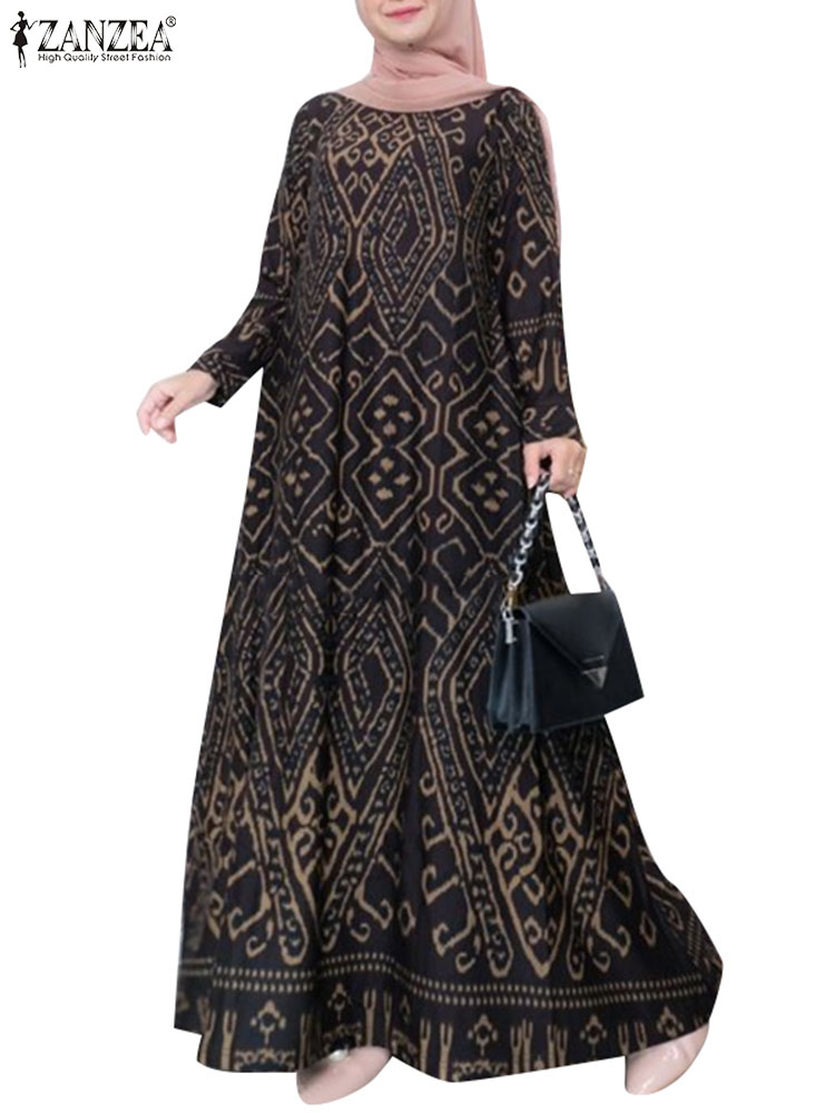 ZANZEA-Robe Longue Vintage à Imprimé Floral pour Femme, Hijab de Turquie, Abaya Musulmane à Manches sulf, Maxi, Printemps