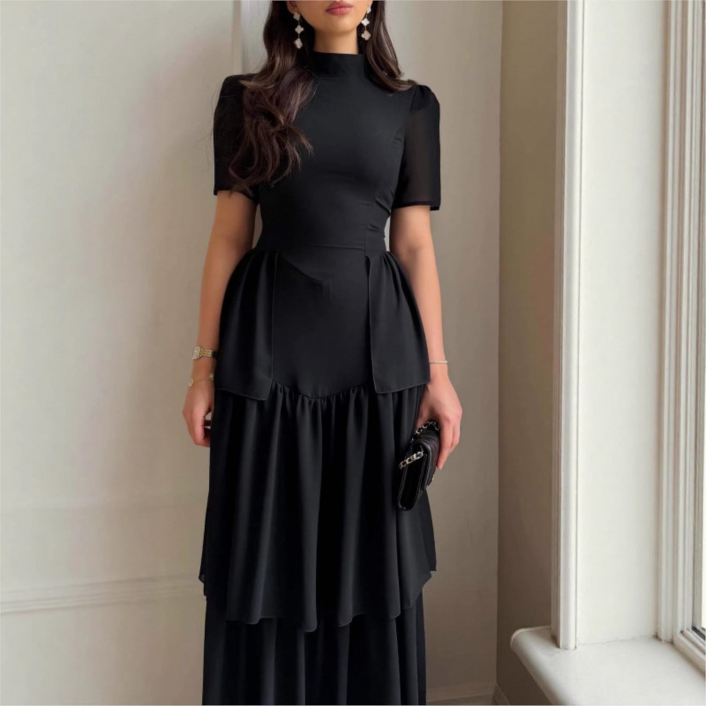 Robes Élégantes 2026 pour Femme – Robe de Soirée, Mariage, Cérémonie – Style Rétro, Manches Courtes, Plissée, Couleur Unie, Coupe Ajustée Chic