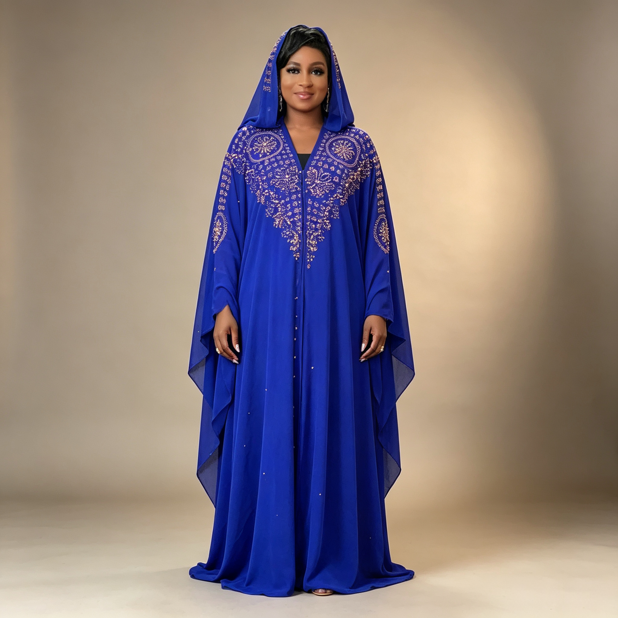 Caftan à capuche pour femmes de style africain, luxueux, orné de strass dorés, en mousseline, robe longue de soirée, de mariage ou de cérémonie.
