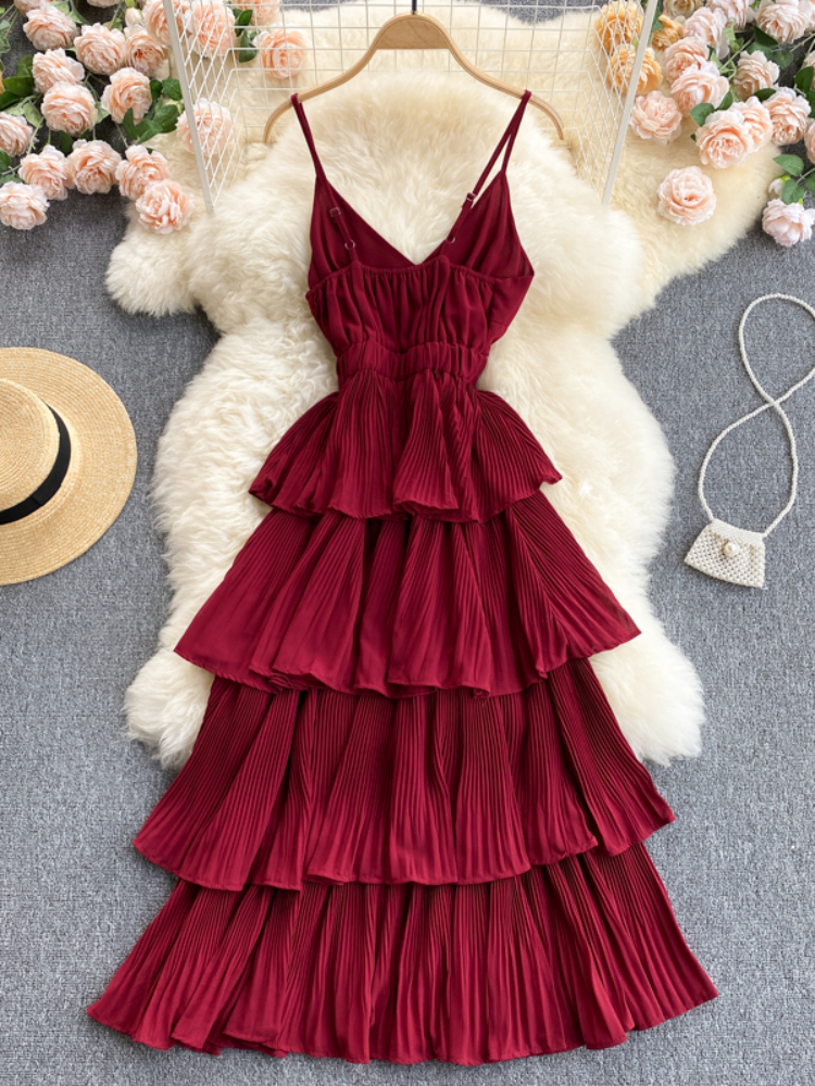 Robe de plage mi-longue à volants pour femmes, col en V, couche plissée, robes de plage élégantes, robe trapèze, sexy, nouveau, été, 2021