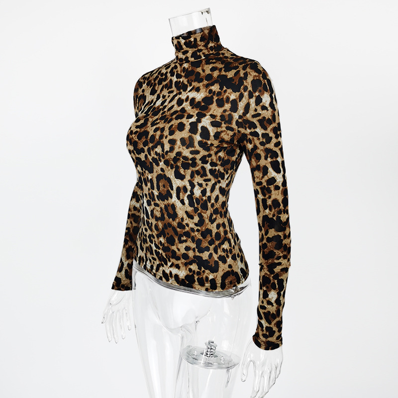 Pull à col roulé à manches longues imprimé léopard pour femmes, t-shirts slim décontractés pour femmes, t-shirts Ice InjTop, nouvelle mode, Y-INS