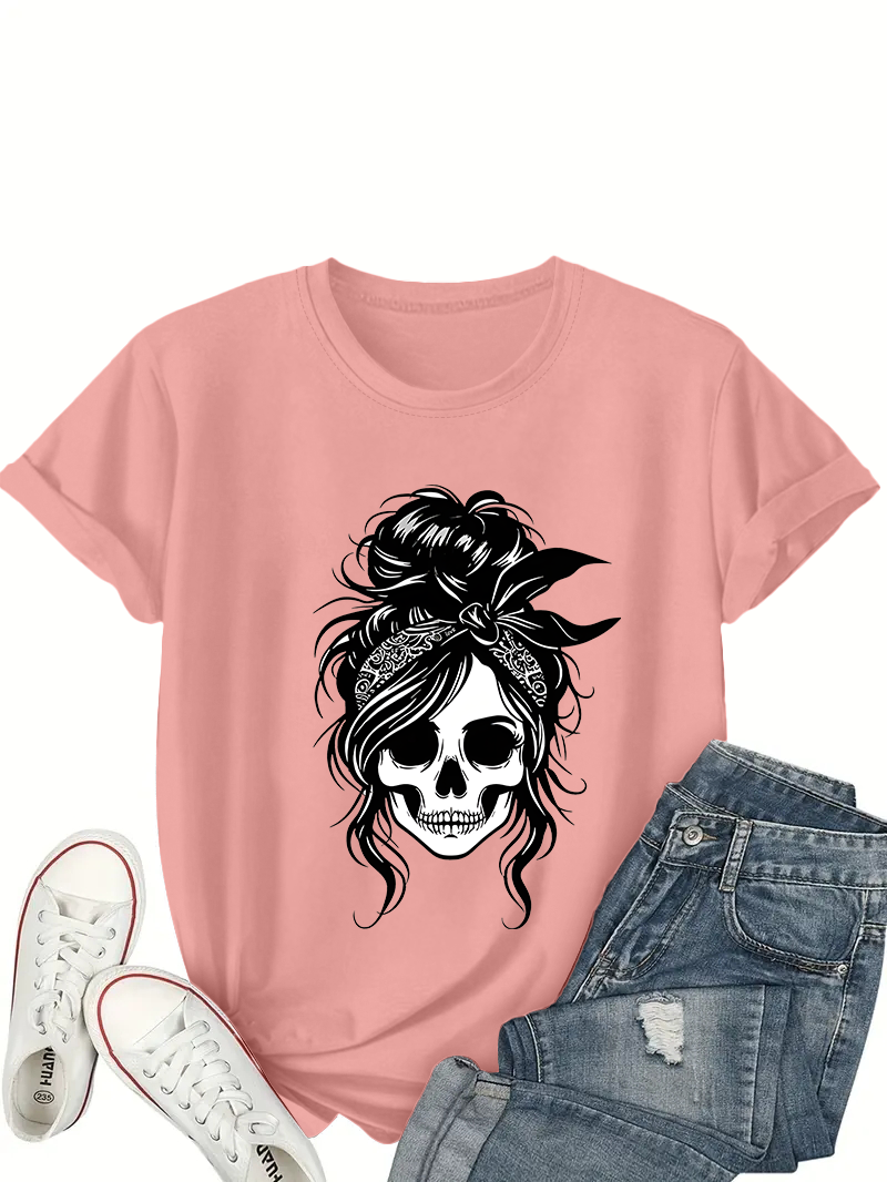 T-shirt décontracté pour femmes – Crâne géométrique noir et imprimé floral, haut à manches courtes et col rond pour le printemps/été, haut de personnalité Y2K