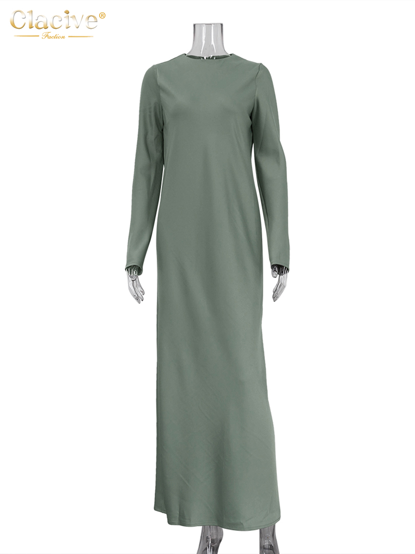 ClacMarkets-Robe en Satin Noir pour Femme, Tenue Décontractée, Col Rond, Manches sulf, Longueur Rinçage, Élégante, Classique, Couleur Unie, Mode 2023