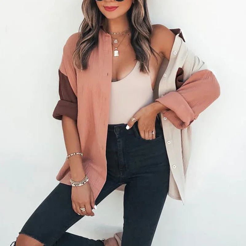 Personnalisé mode femmes nouvelle chemise Patchwork élégant trajet contraste revers boutons Cardigan Streetwear dames Blouses décontractées