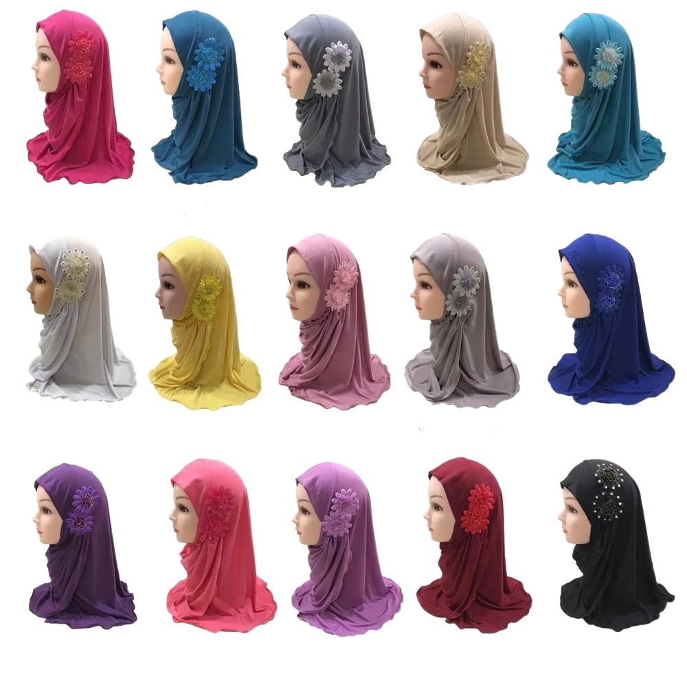 Tête de fleurs solides pour enfants, Hijabs élastiques de 50cm pour filles musulmanes, chapeau de prière, Turban, écharpe islamique, châles