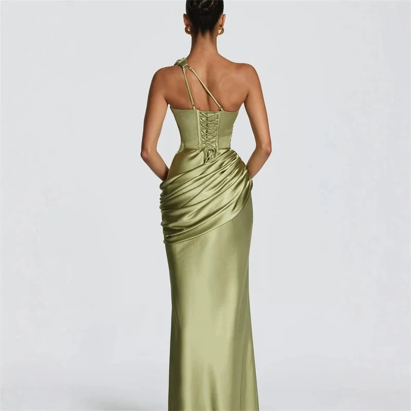 Robe de soirée sirène asymétrique en satin à une épaule, découpée, plissée à la taille, drapée, pour femme, idéale pour invitée de mariage, bal de promo, chic
