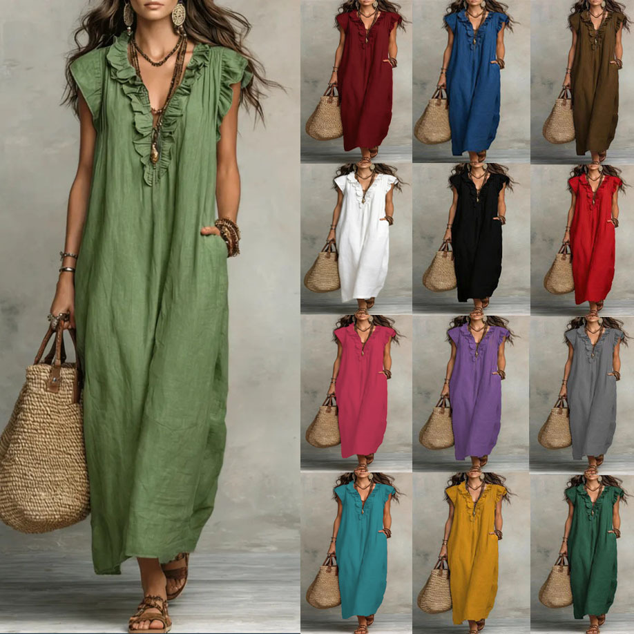 Robe longue patchwork pour femme 2026 – Nouvelle collection été, sans manches, élégante, décontractée, vintage, pour soirée – Vêtements féminins
