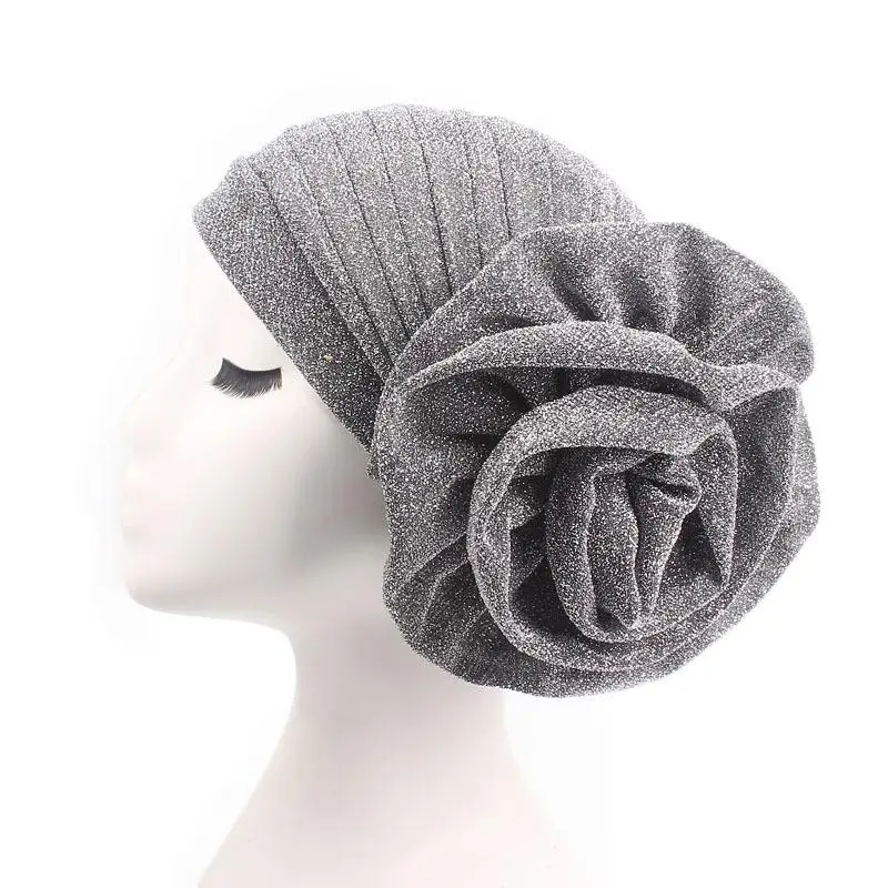 Femmes musulmanes grande fleur Turban chapeau plissé paillettes bonnets miroitant Bonnet perte de cheveux foulard africain chapeaux chimio casquette Skullie