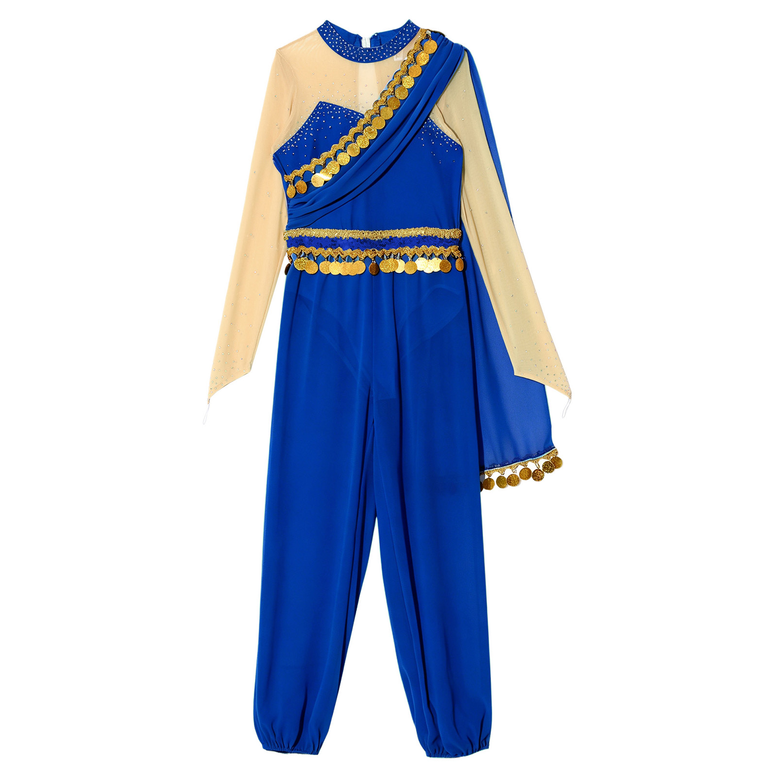 Tenues de danse du ventre de princesse arabe pour filles, costume de cosplay d'Halloween, combinaison à paillettes, franges et strass, body à manches longues