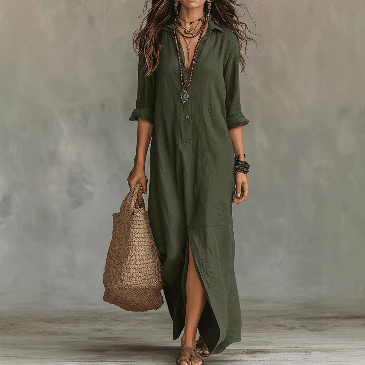 Robes pour femmes Printemps/Été 2026, robe longue décontractée à col à revers et fente avant, couleur unie, vêtements pour femmes, vestidos