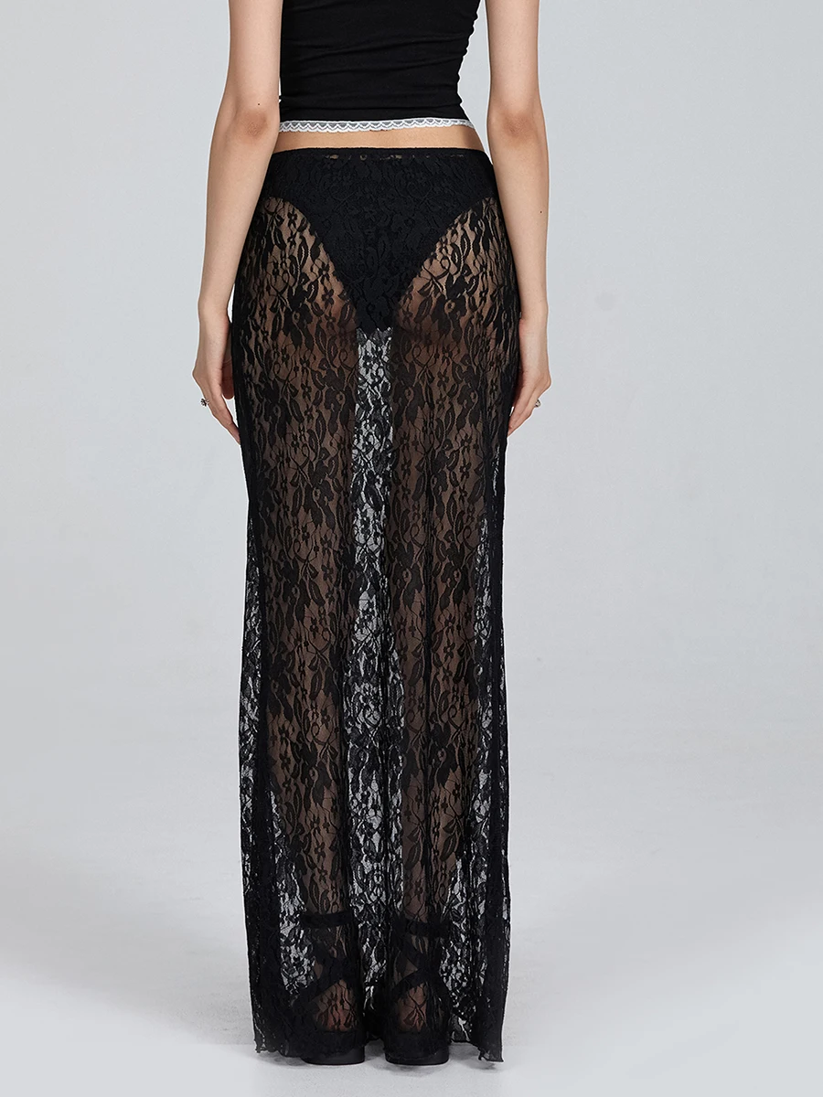 Jupe Maxi en dentelle transparente pour femmes, taille élastique, transparente, moulante, longue, pour fête, Club, Streetwear, fée Y2K, été