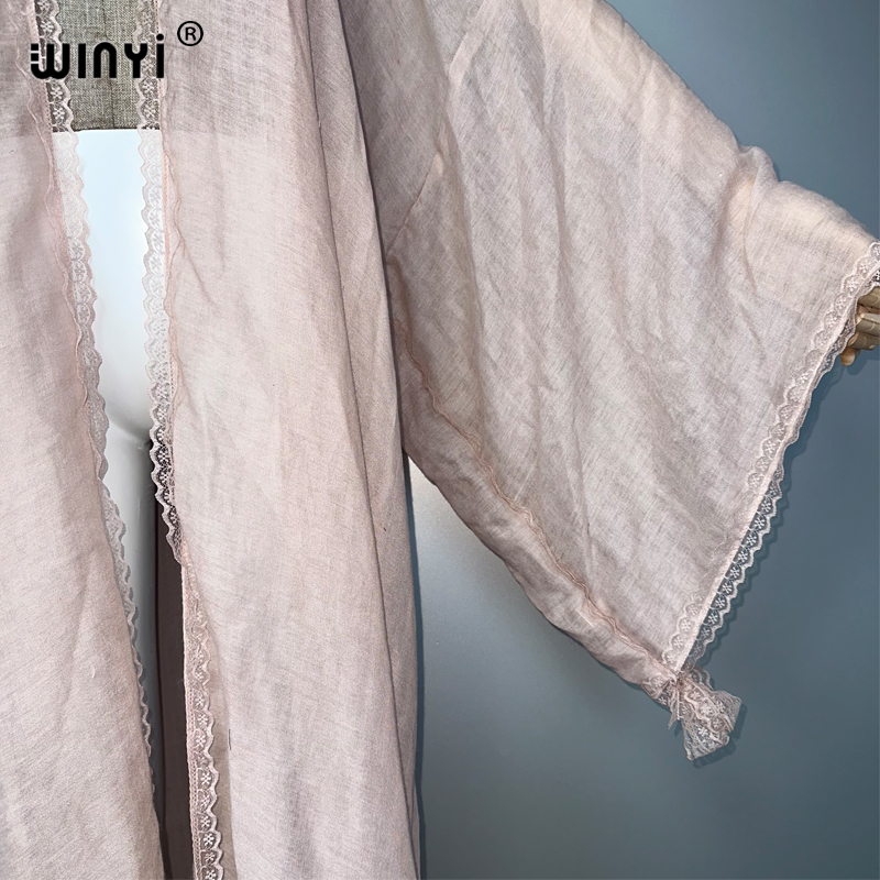 WINYI Kimono Bohème Nouveau Manteau Femme Ample à Pompons Longue Robe de Plage Vacances Couverture de Bain Robes de Soirée Luxe Dubaï Abaya