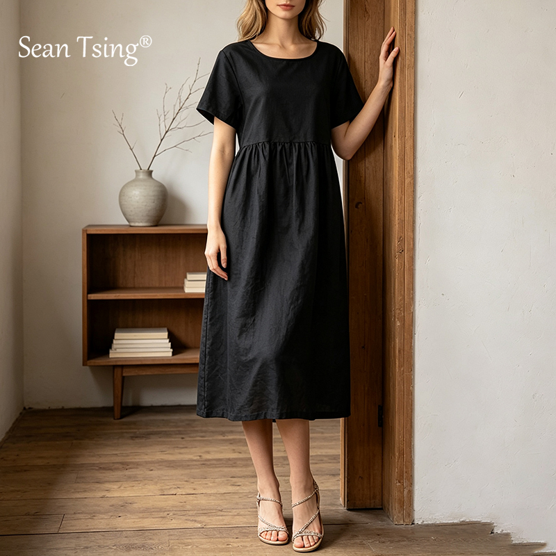 Robe midi en coton et lin pour femmes, manches bouffantes courtes, décontractée, ample, robe d'été une pièce