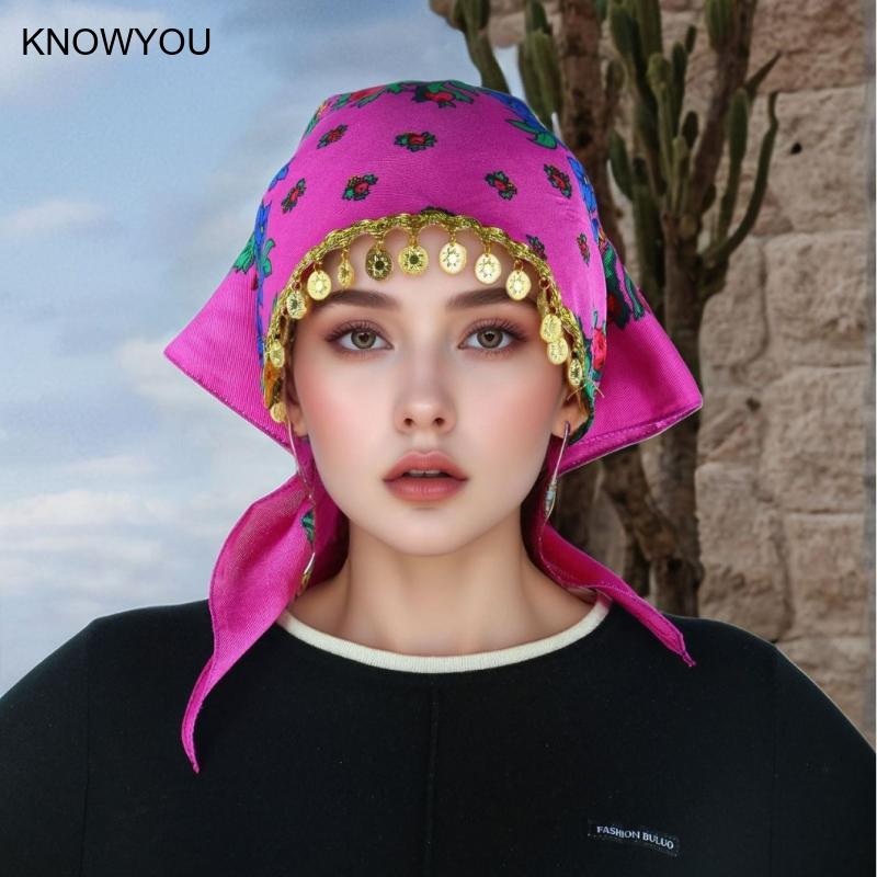 Foulard Hijab à imprimé floral pour femme, bandeau de sauna, écharpes à pampilles à paillettes, bandana féminin, mouchoir court, mouchoir de luxe, mode